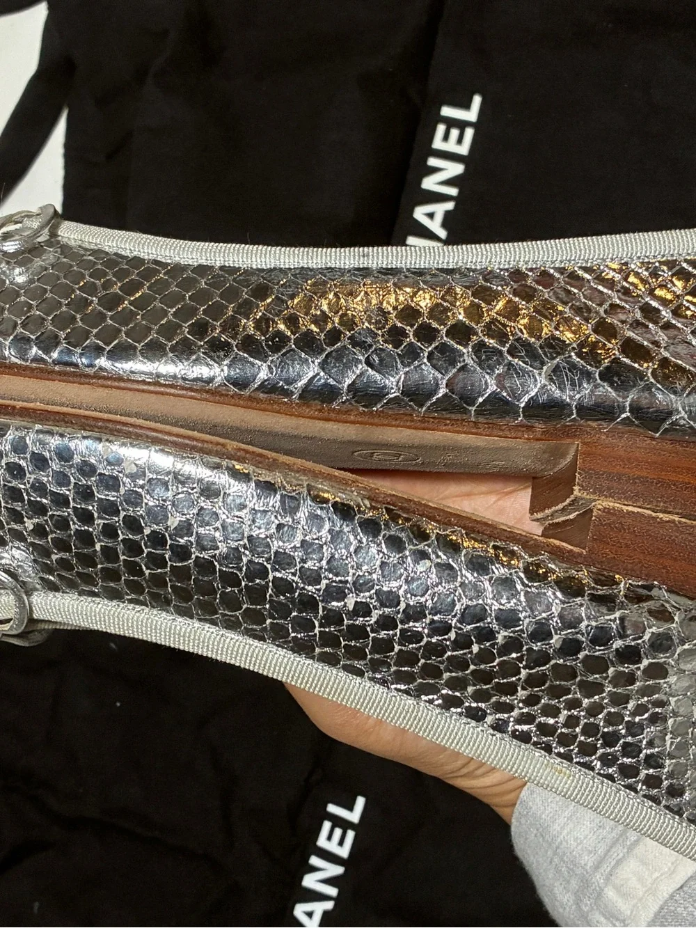 CHANEL Silver Metallic Snakeskin Quilted Ballerina Flats
